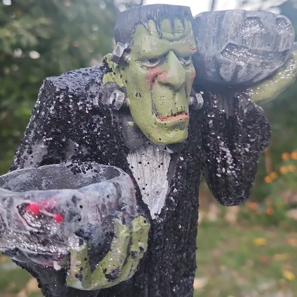 Frankenstein Halloween , Long Pumpkin Candle Holders W Glitter Detail "Beware" - Picture 5 of 8
